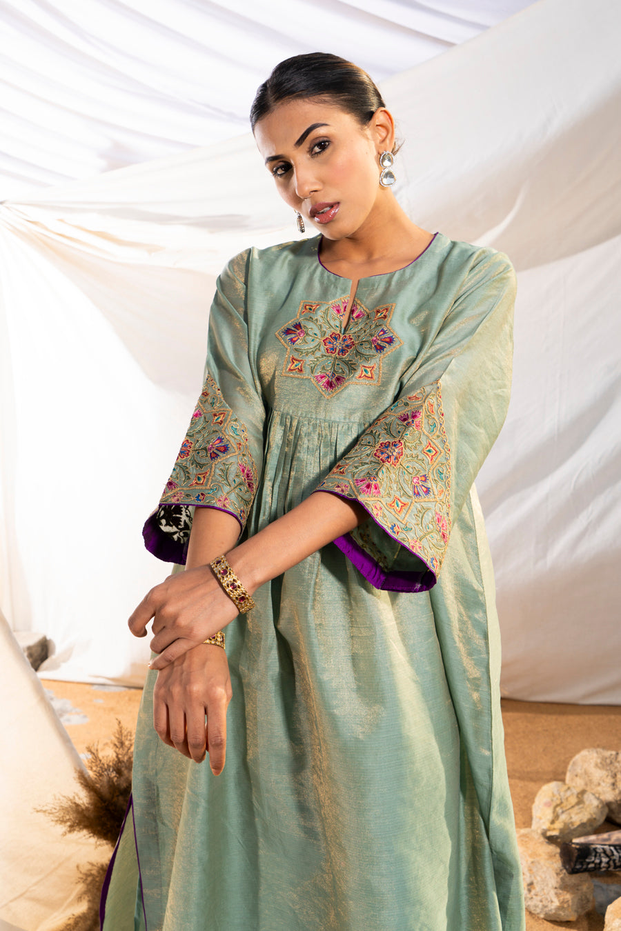 Green Handloom Cotton Zari Tissue Embroidered Kurta Set