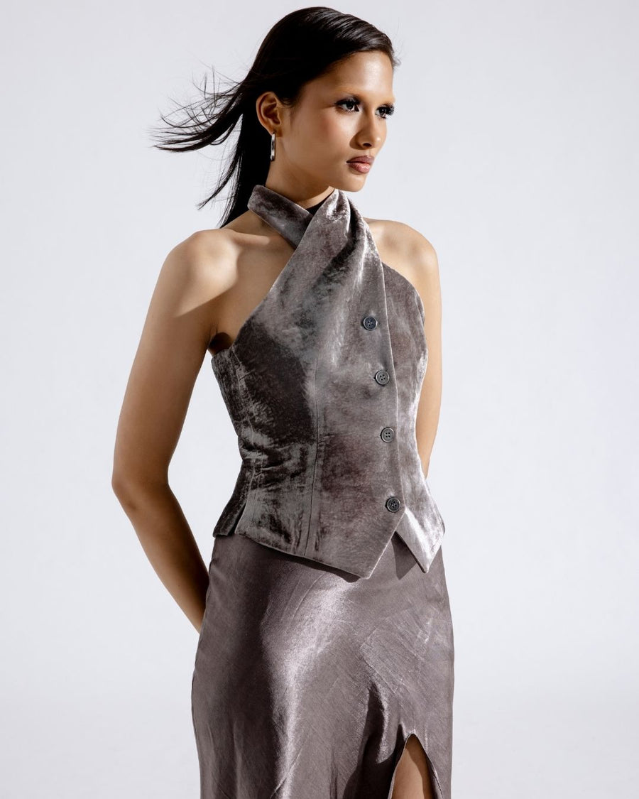 Sleek Steel Velvet Waistcoat