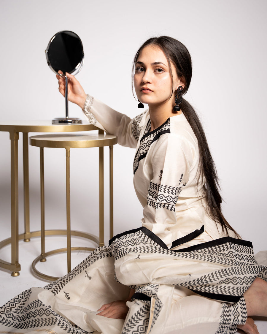 White Chanderi Kurta Set with Lace Trim