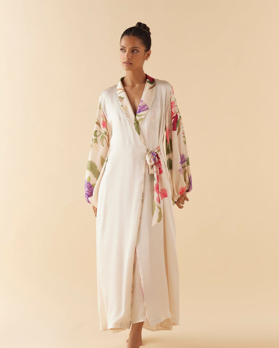 Floral Day Dream Silk Robe in Ivory