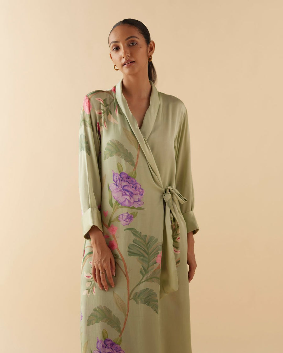 Cuffed Lounge Robe in Sage Green Floral Dream