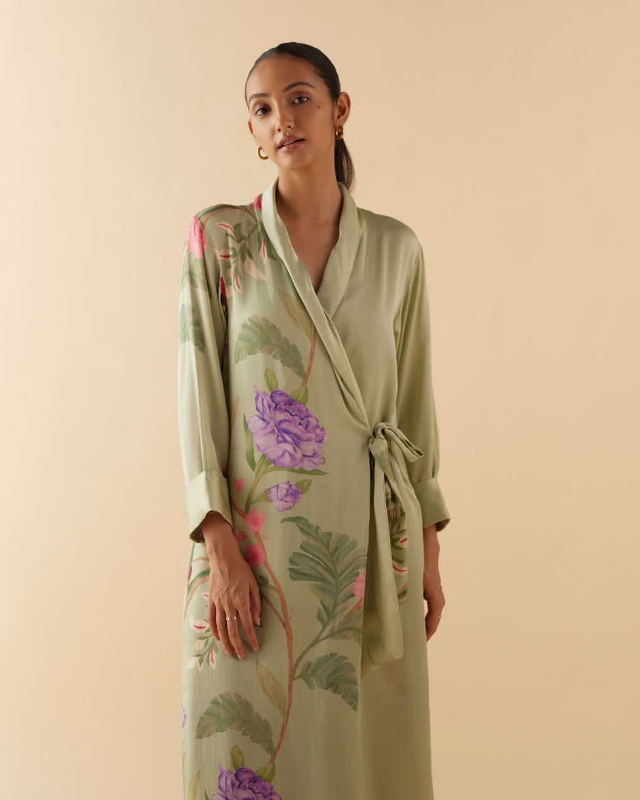 Cuffed Lounge Robe in Sage Green Floral Dream