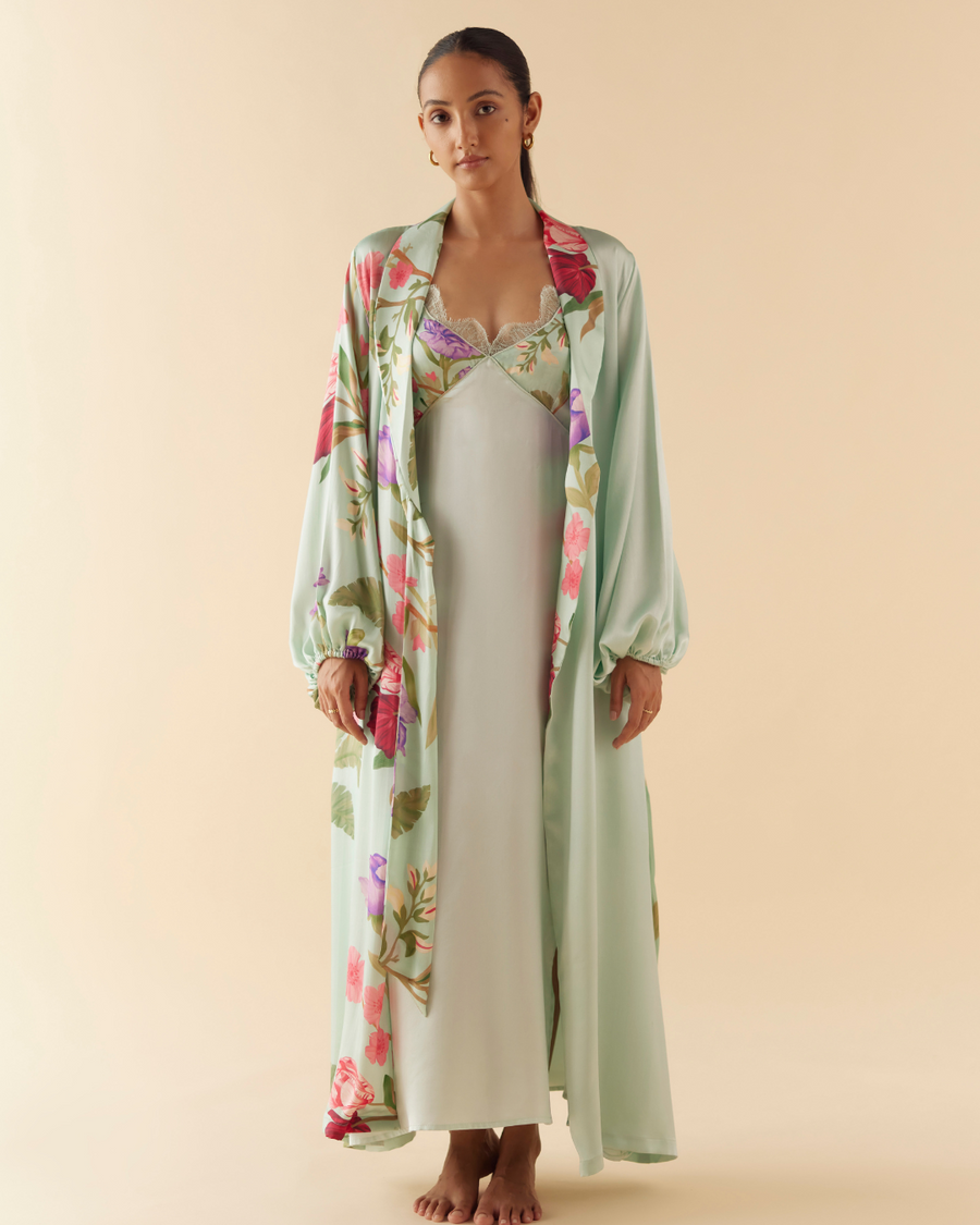 Blue Floral Dream Long Robe & Slip Set