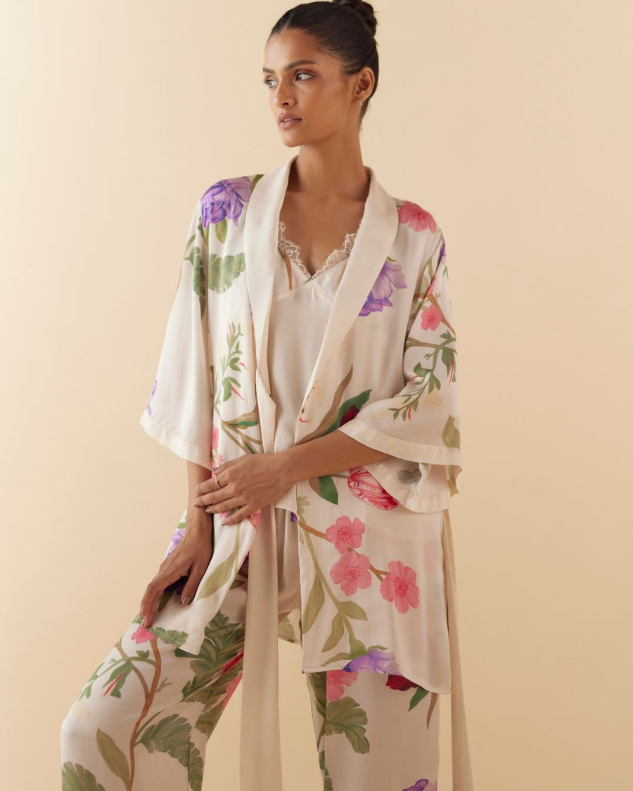 Floral Dream Silk Robe in Ivory White