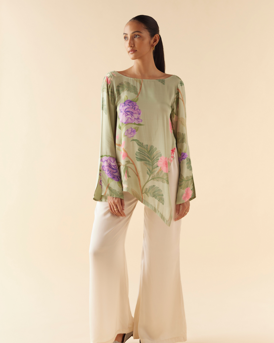 Asymmetric Lounge Top in Green Floral Dream