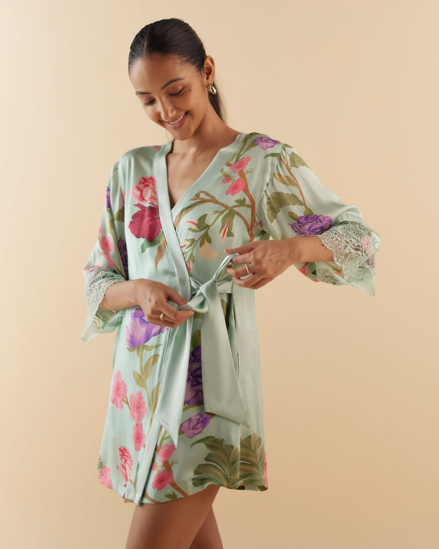 Celeste Blue Floral Dream Silk Robe