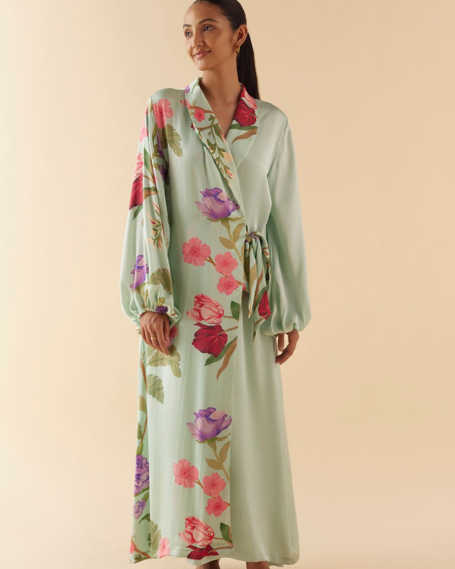 Floral Day Dream Silk Robe in Celeste Blue