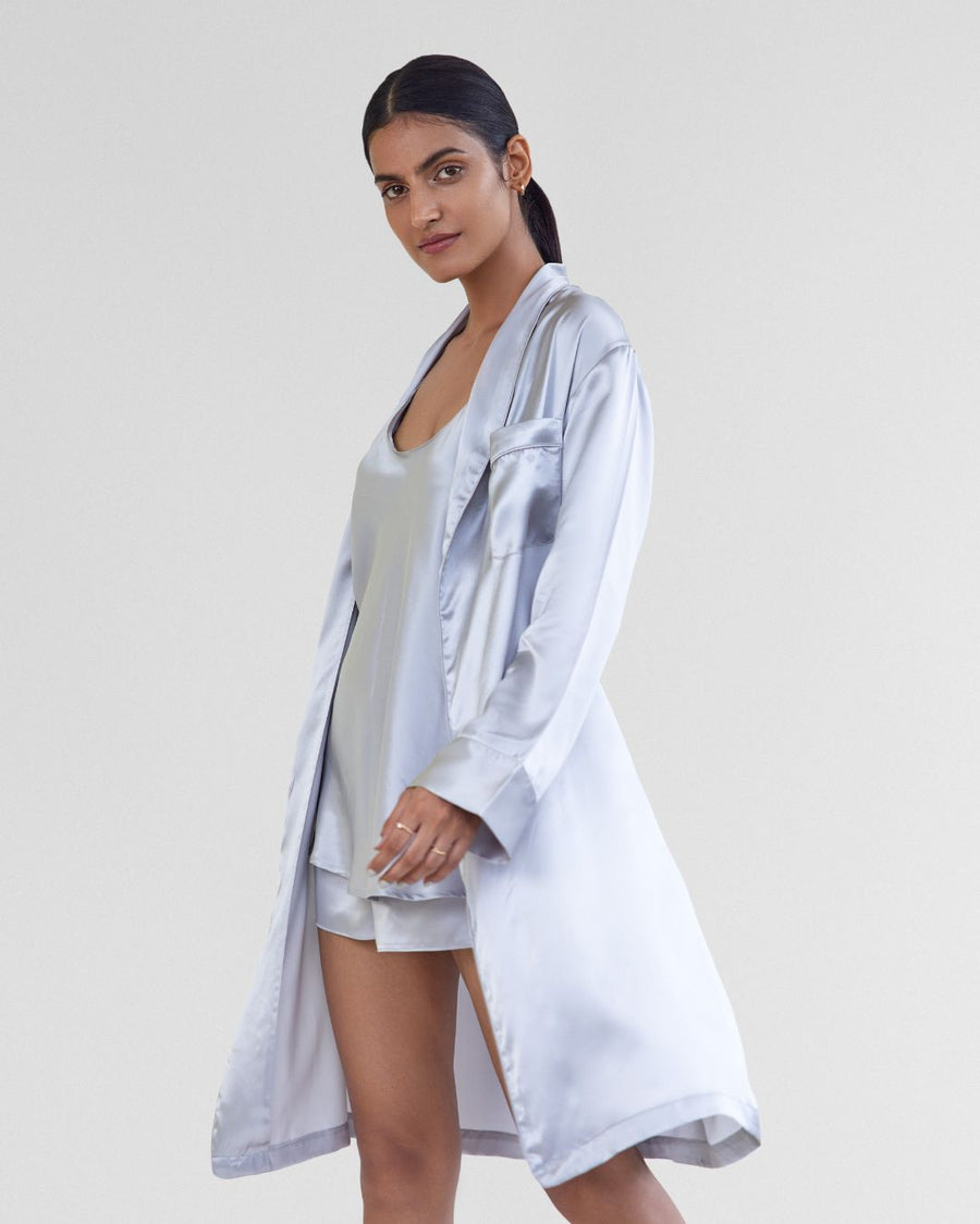 Twilight Silver Silk Robe & Camisole Set