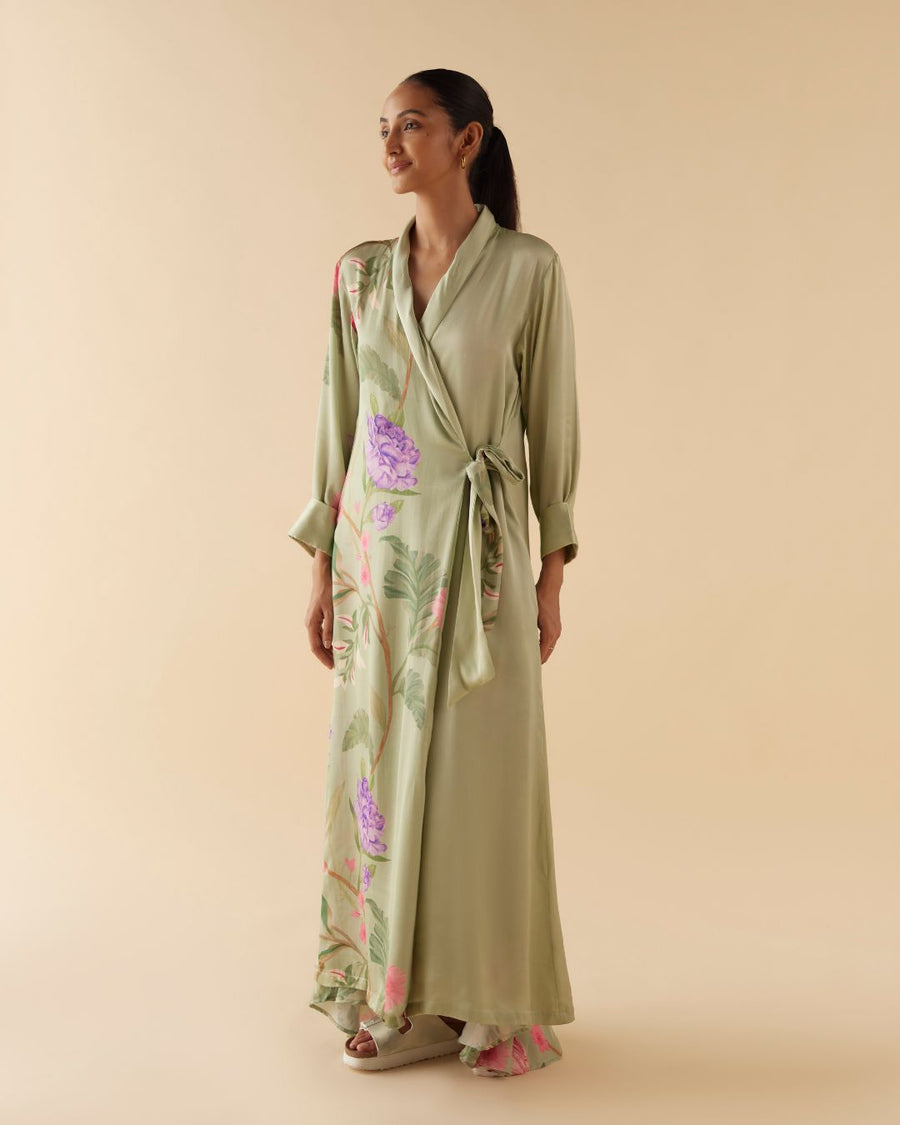 Cuffed Lounge Robe in Sage Green Floral Dream
