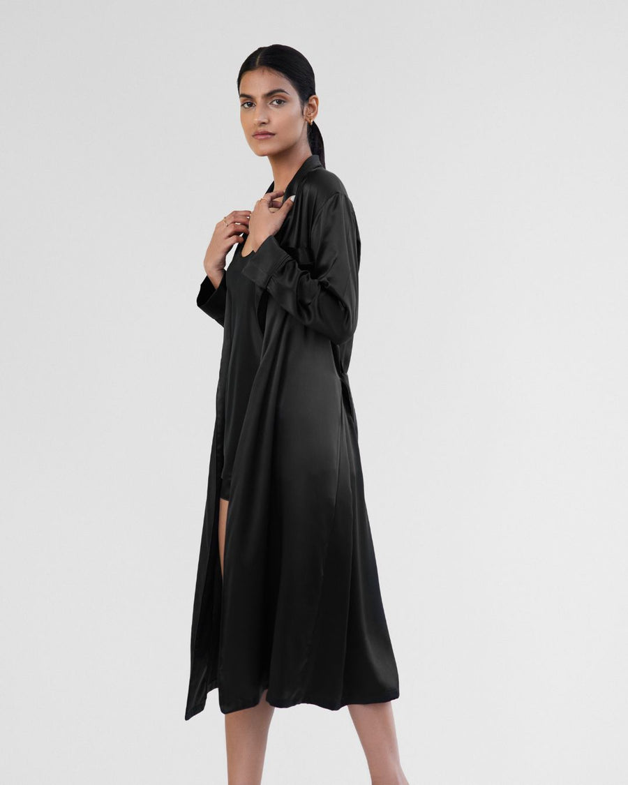 Midnight Black Silk Robe & Camisole Set