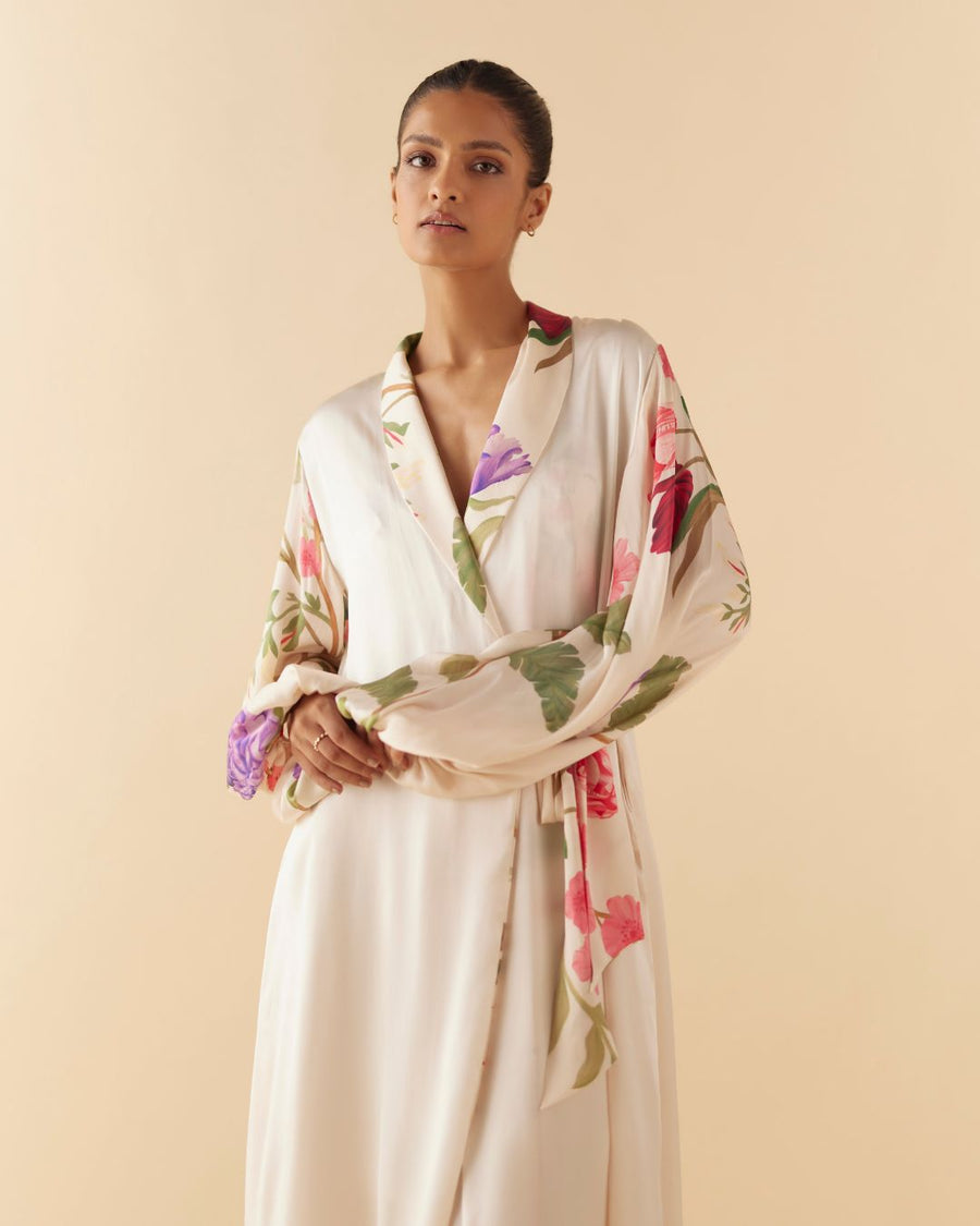 Floral Day Dream Silk Robe in Ivory