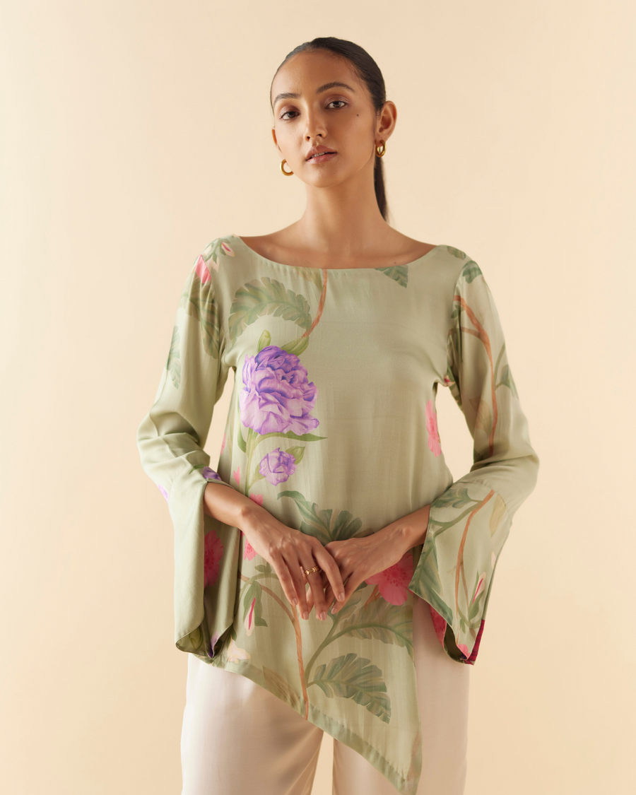 Asymmetric Lounge Top in Green Floral Dream