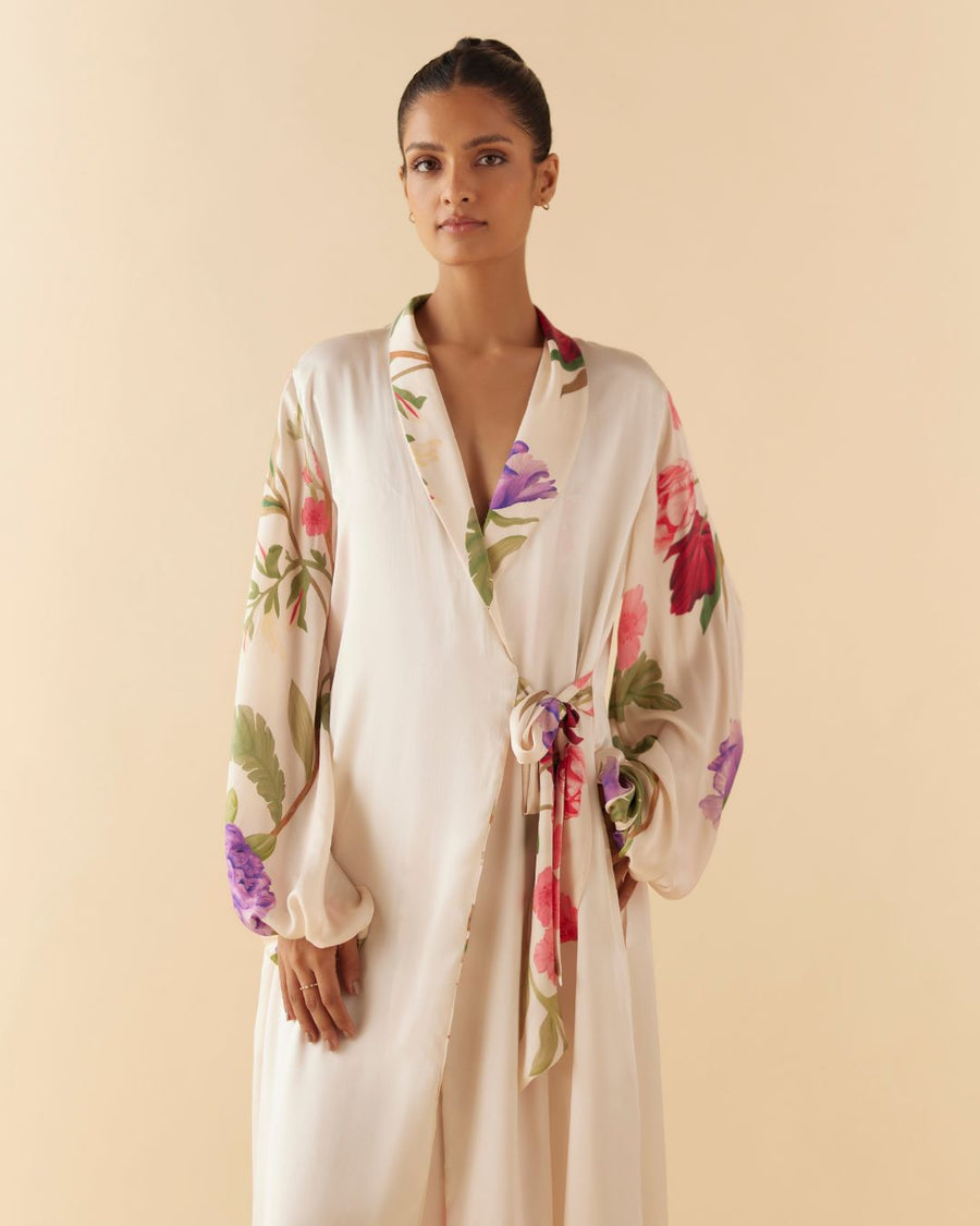 Floral Day Dream Silk Robe in Ivory