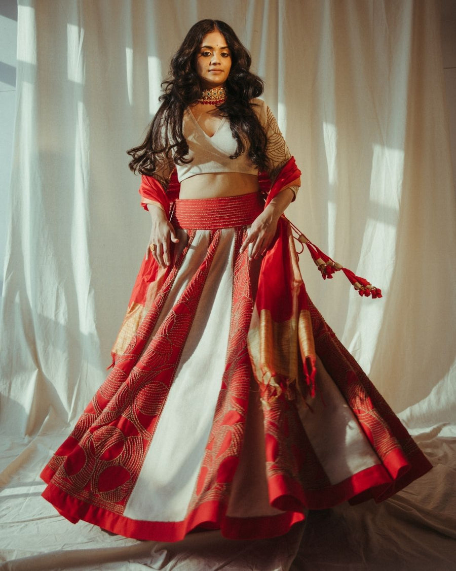 Red Lehenga with Jute Embroidery