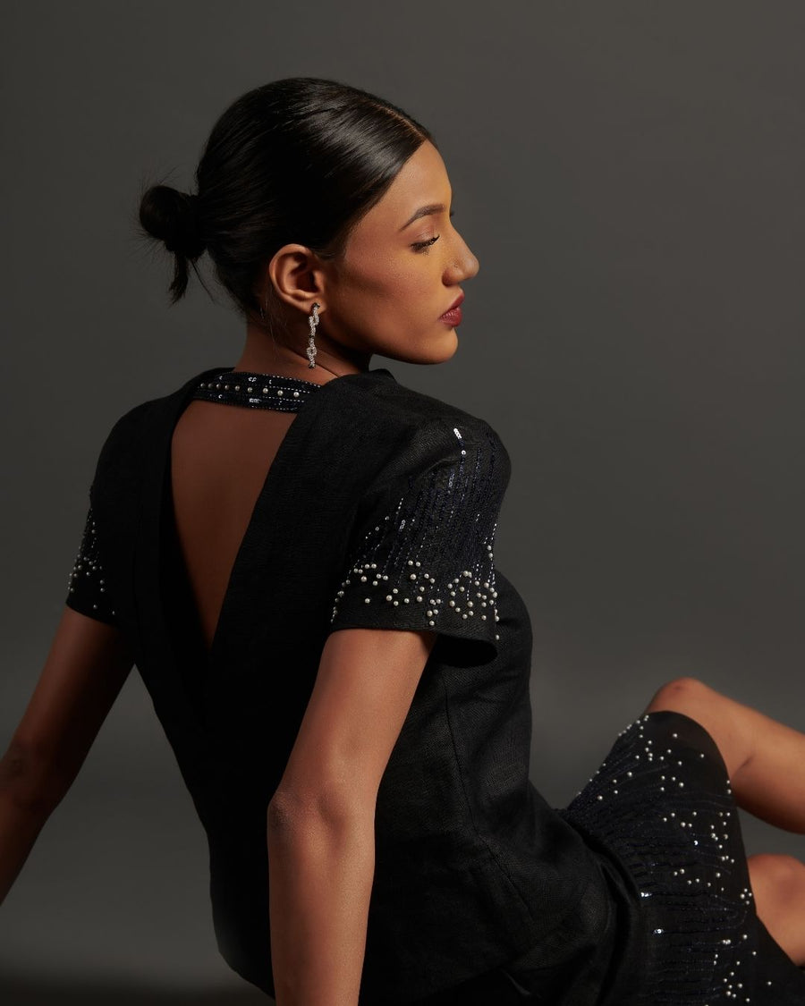Black Linen Top with Embroidered Sleeves