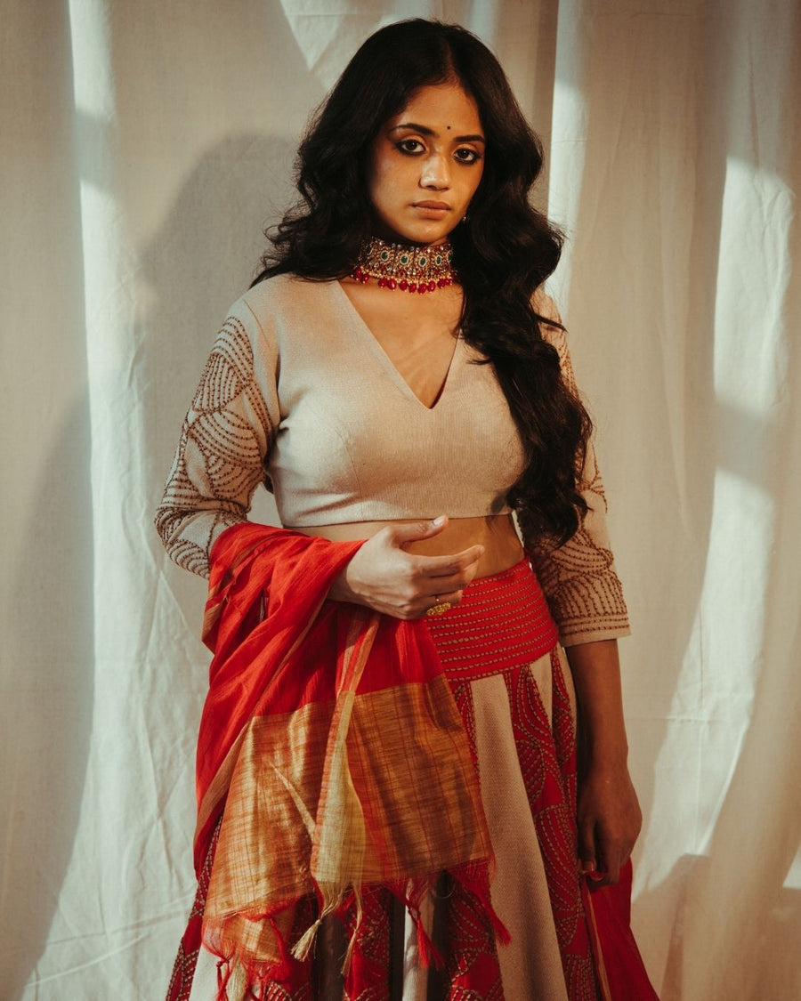 Red Lehenga with Jute Embroidery