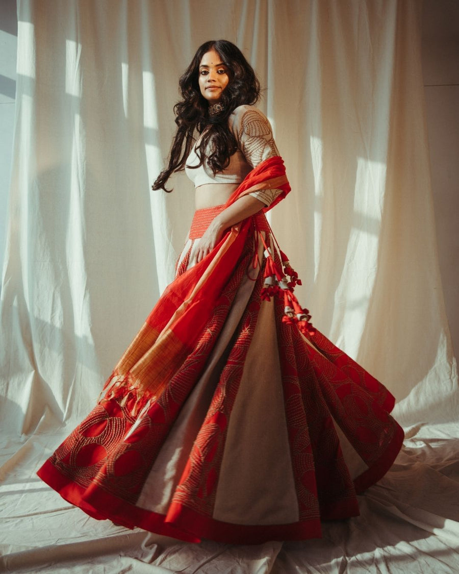 Red Lehenga with Jute Embroidery