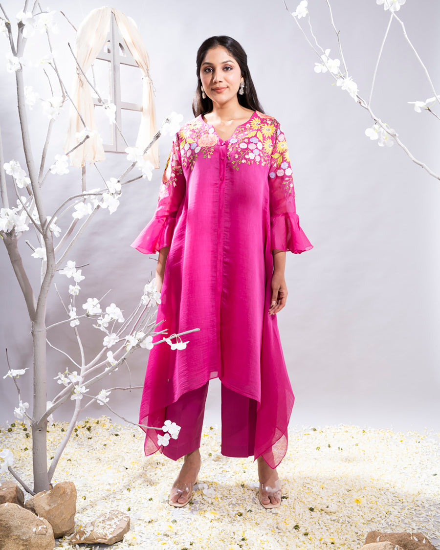 Shazia Fuchsia Pink Chanderi  Kurta Set with Asymetrical Cut