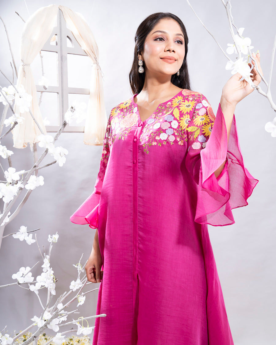 Shazia Fuchsia Pink Chanderi  Kurta Set with Asymetrical Cut