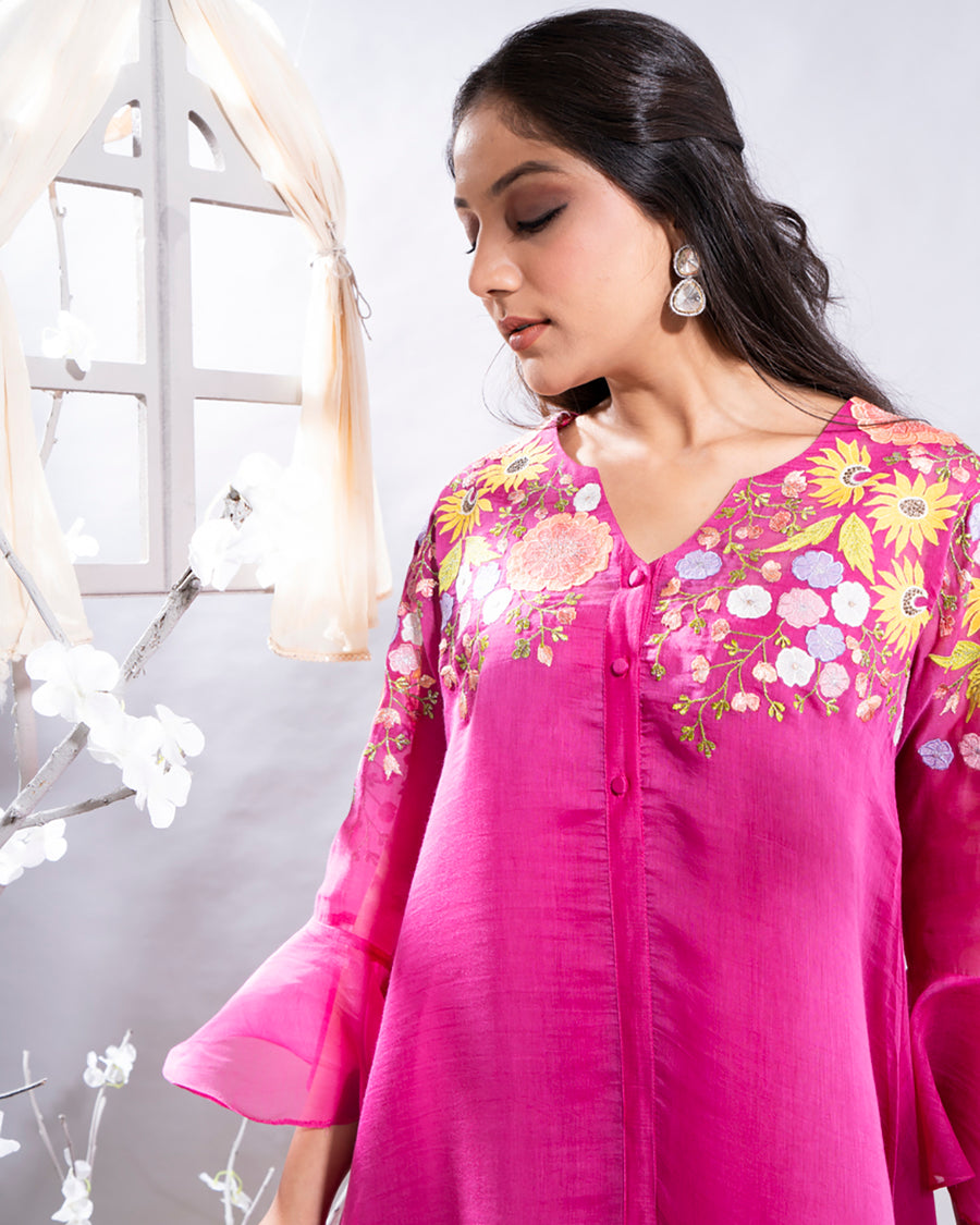 Shazia Fuchsia Pink Chanderi  Kurta Set with Asymetrical Cut