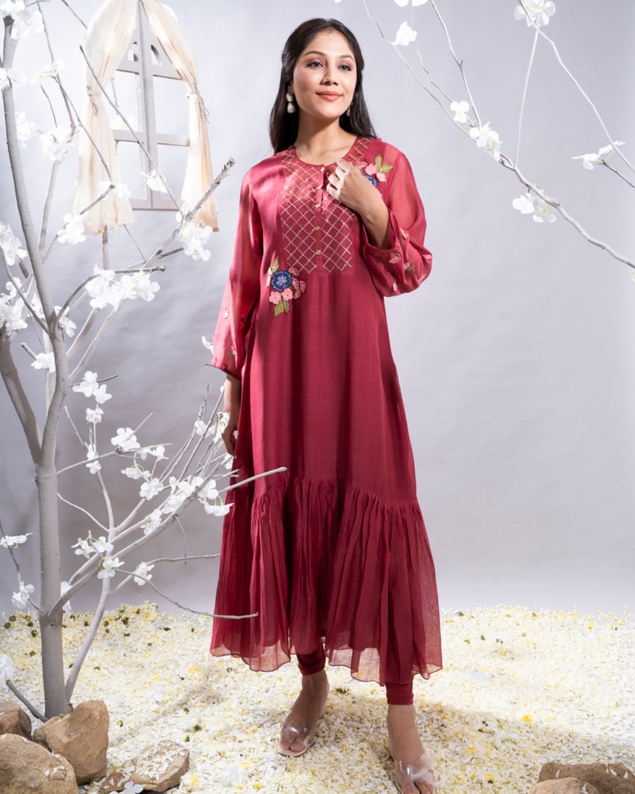 Parizad Maroon Chanderi Kurta Set with 3D Florals