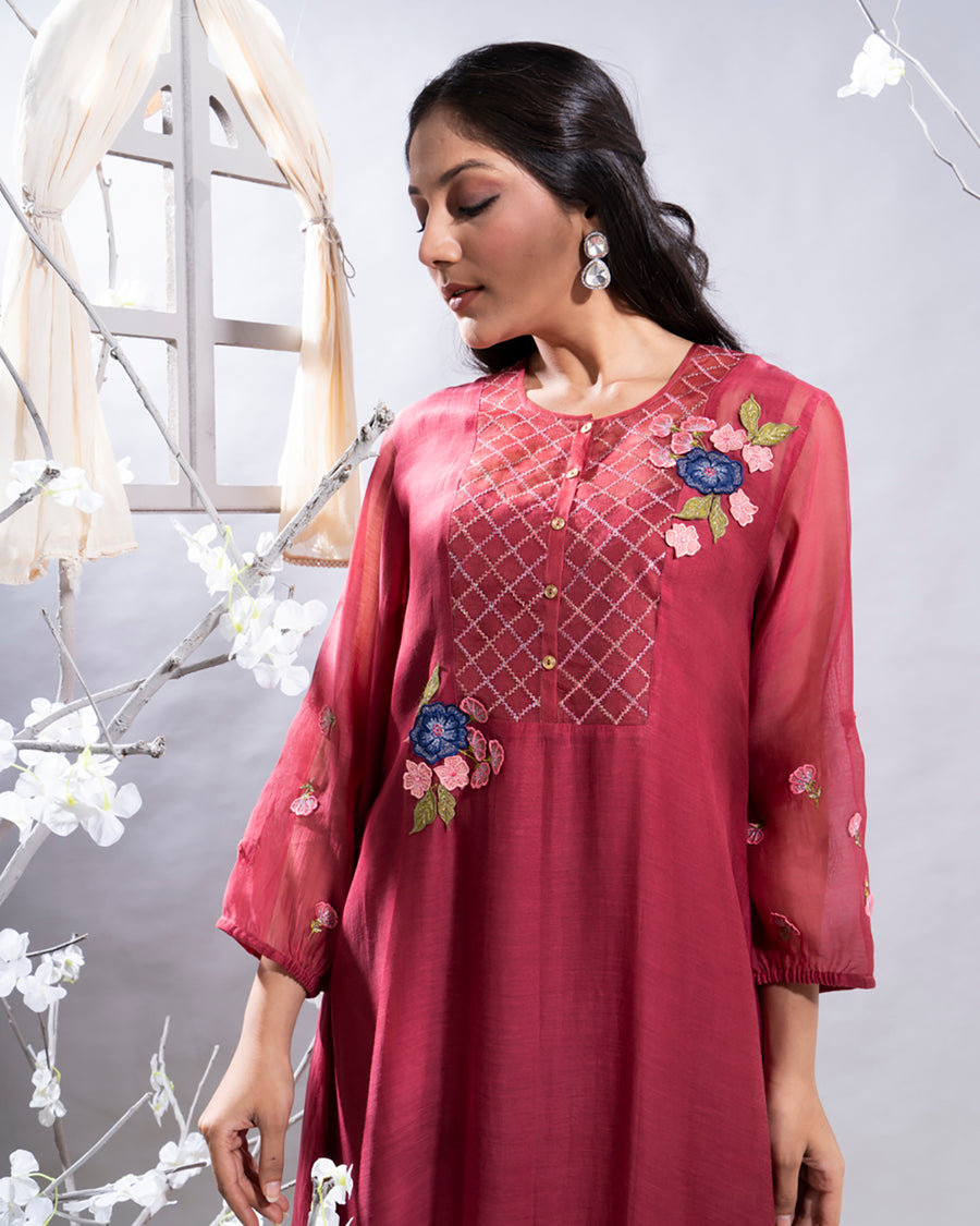 Parizad Maroon Chanderi Kurta Set with 3D Florals