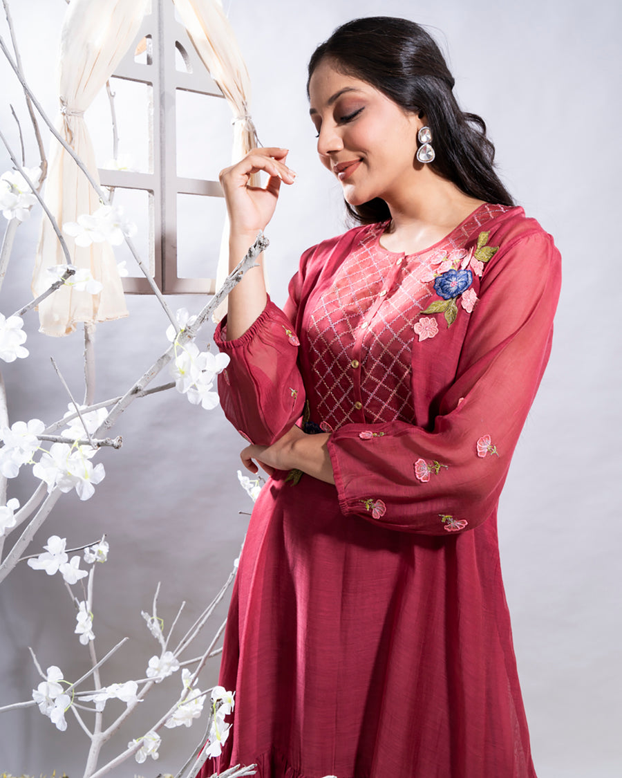 Parizad Maroon Chanderi Kurta Set with 3D Florals