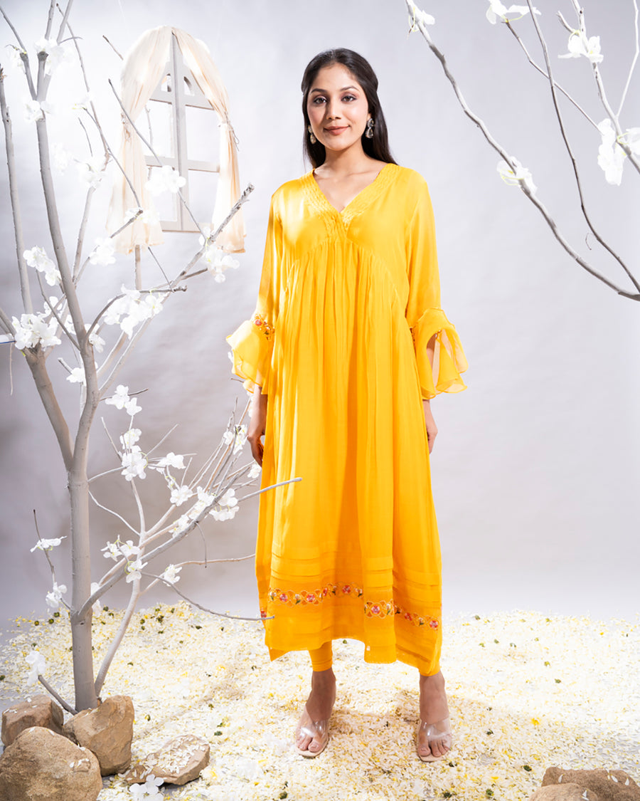 Aftab Mango Yellow Chanderi Kurta Set with Organza Cutwork Border