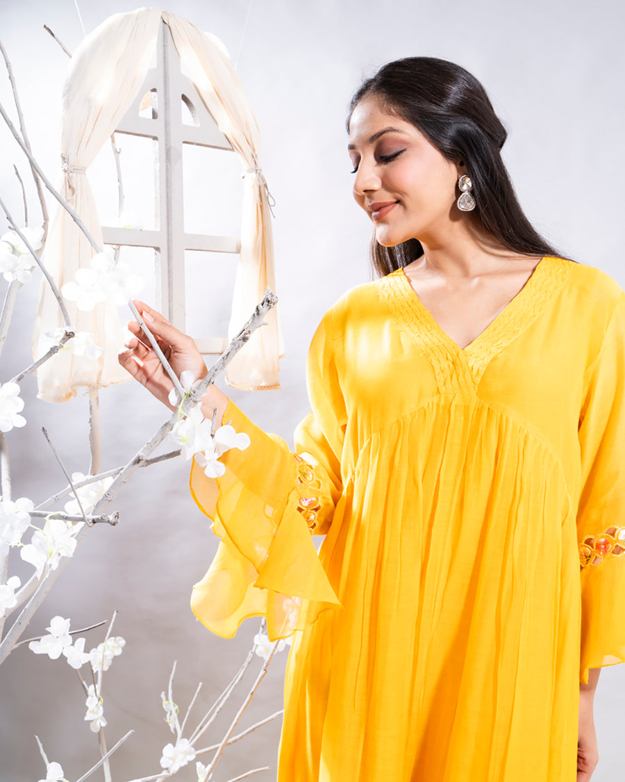 Aftab Mango Yellow Chanderi Kurta Set with Organza Cutwork Border