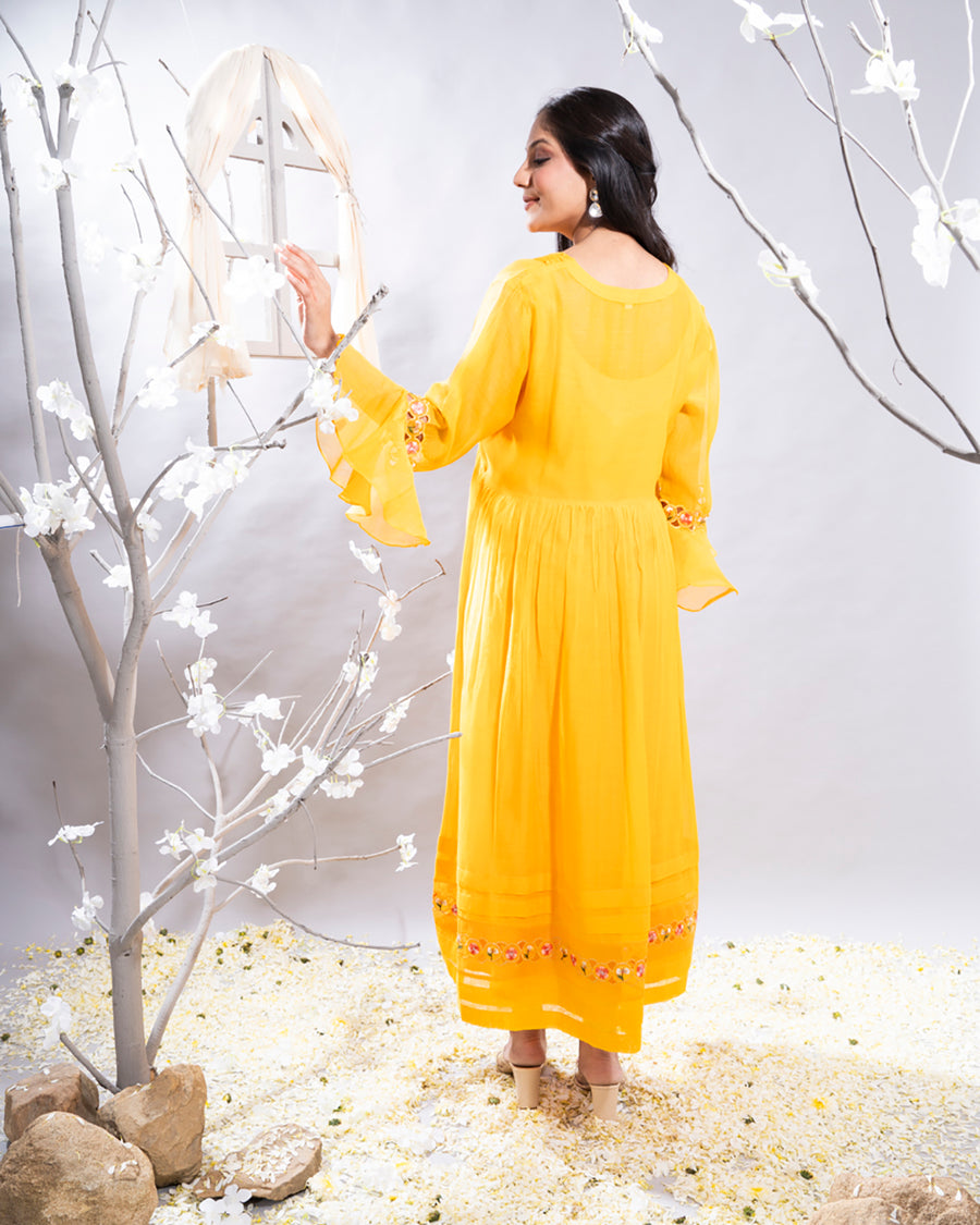 Aftab Mango Yellow Chanderi Kurta Set with Organza Cutwork Border