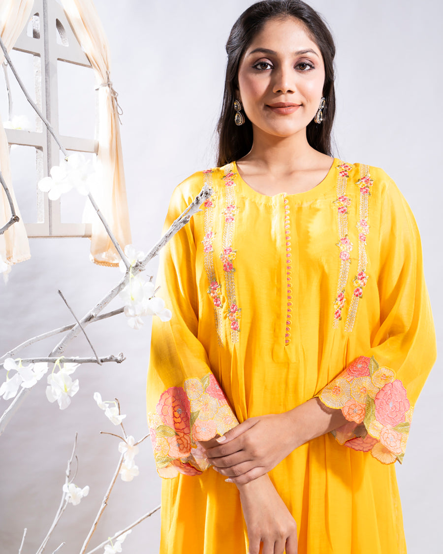 Afsheen Mango Yellow Chanderi Kurta Set with Embroidered Sleeves