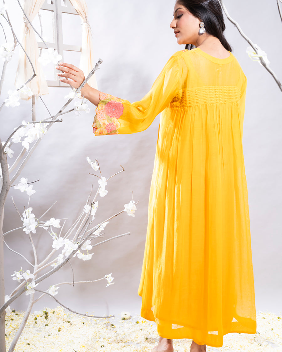 Afsheen Mango Yellow Chanderi Kurta Set with Embroidered Sleeves