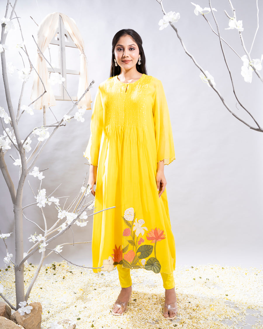 Ravina Yellow Chanderi Kurta Set with Embroidered Hem Line