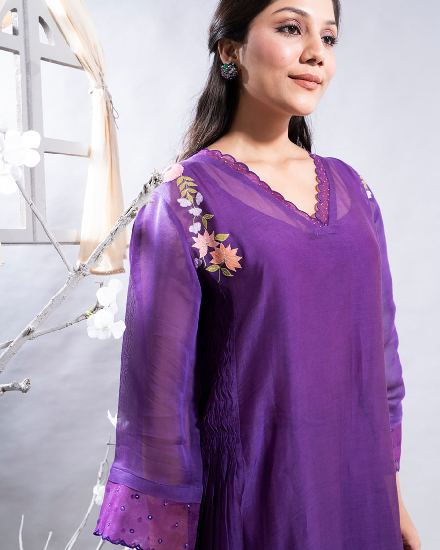 Mehrang Purple Chanderi Kurta Set with Applique Motifs on Hemline