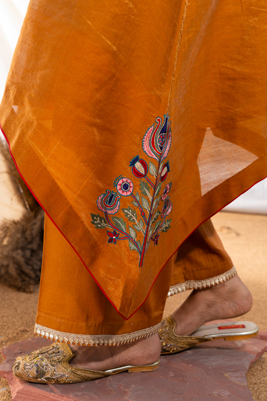 Rust Handloom Cotton Zari Tissue Embroidered Kurta Set