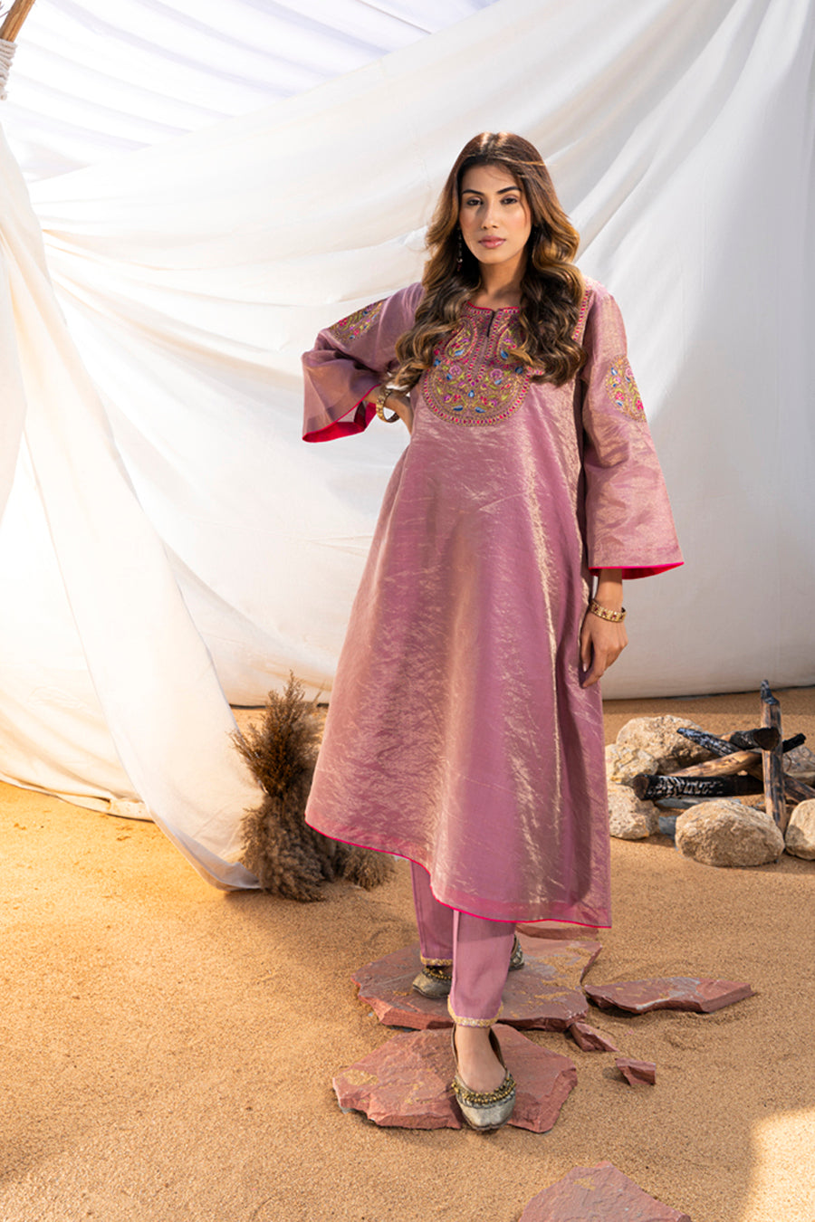 Mauve Handloom Cotton Zari Tissue Embroidered Kurta Set