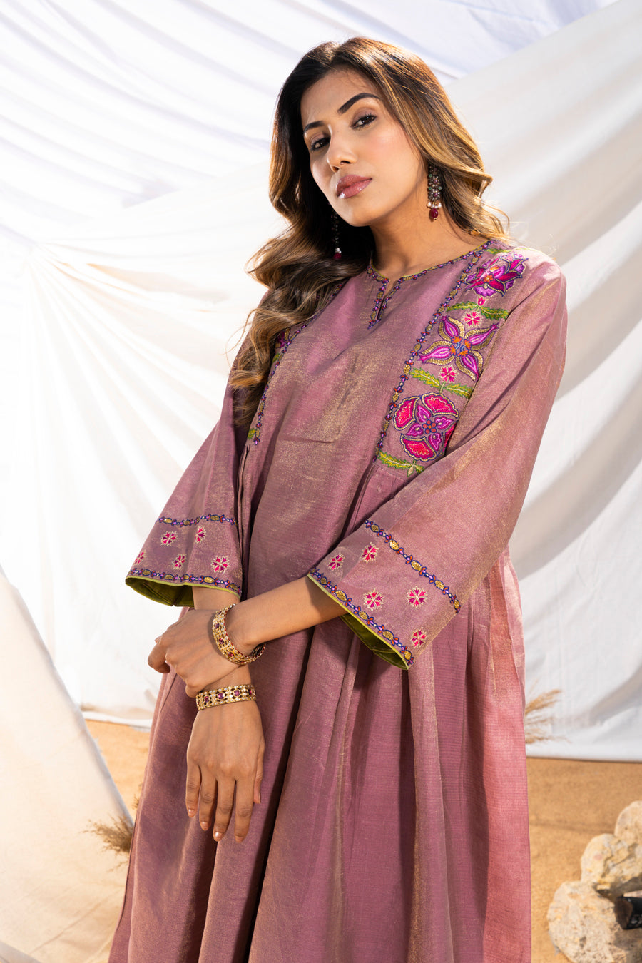 Mauve Handloom Cotton Zari Tissue Embroidered Kurta Set