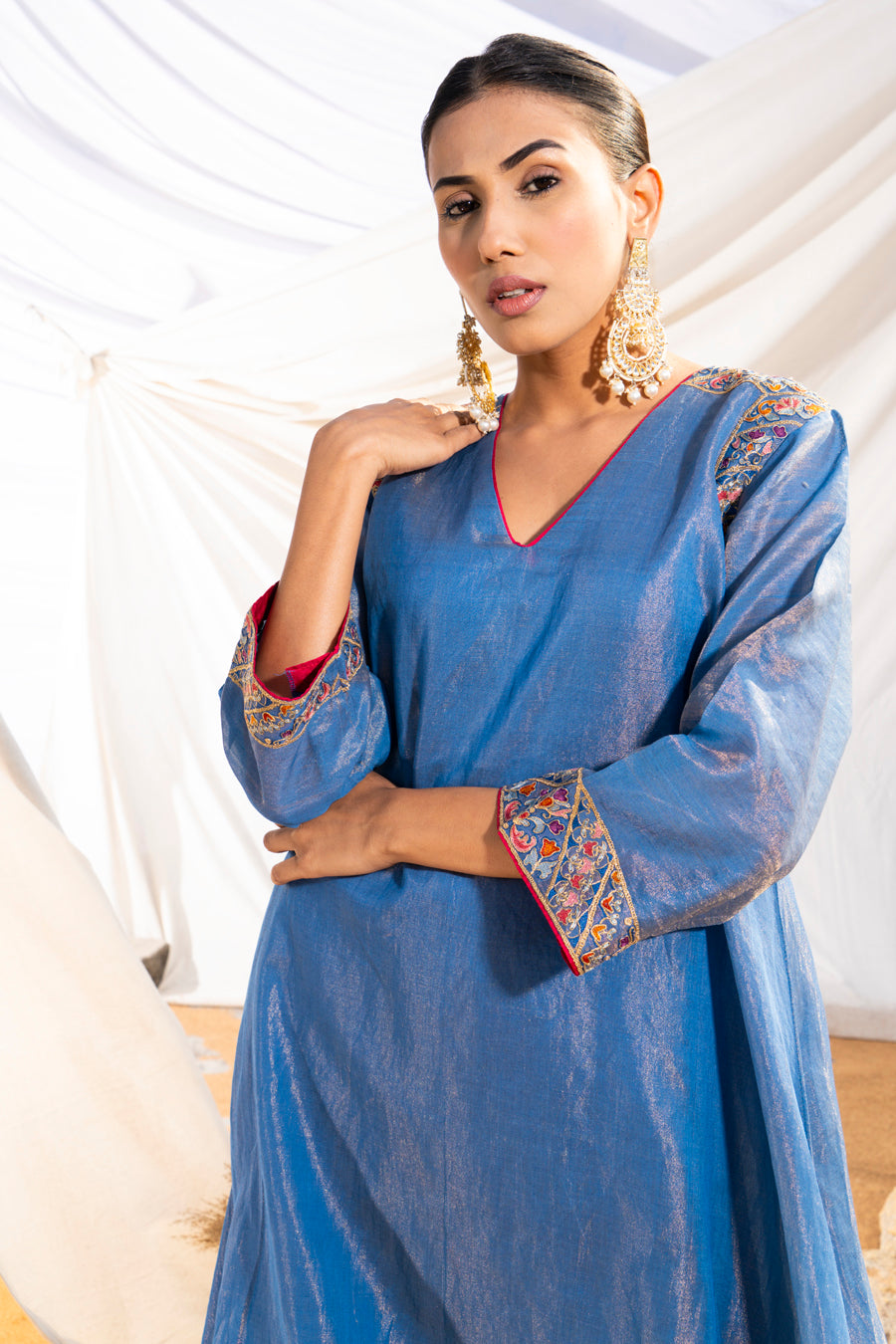 Blue Handloom Cotton Zari Tissue Embroidered Kurta Set