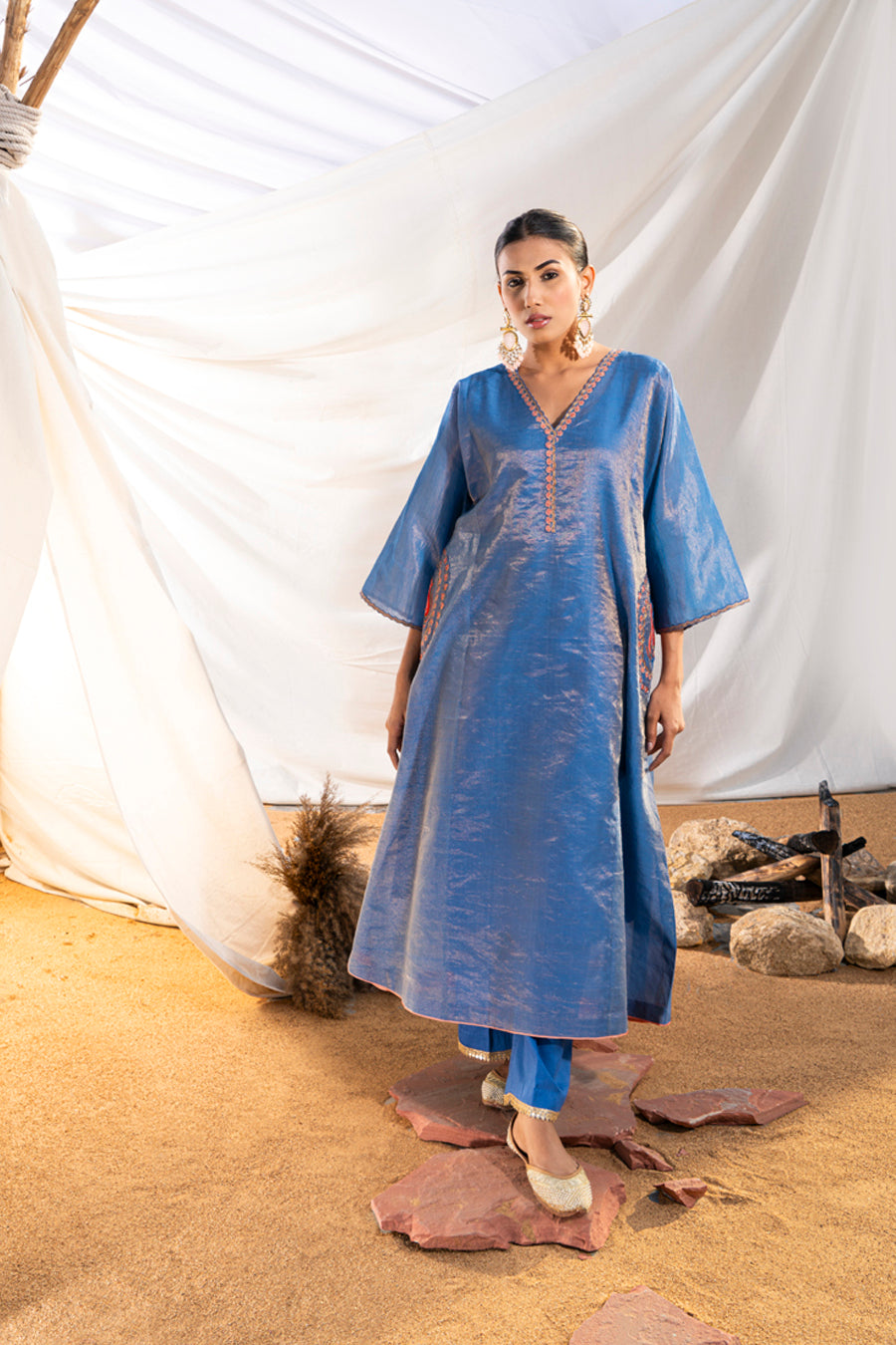 Blue Handloom Cotton Zari Tissue Embroidered Kurta Set