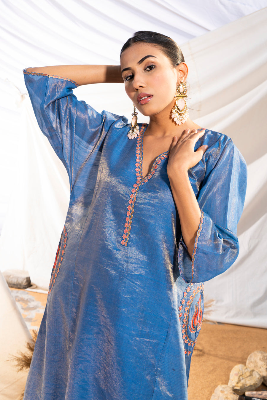 Blue Handloom Cotton Zari Tissue Embroidered Kurta Set