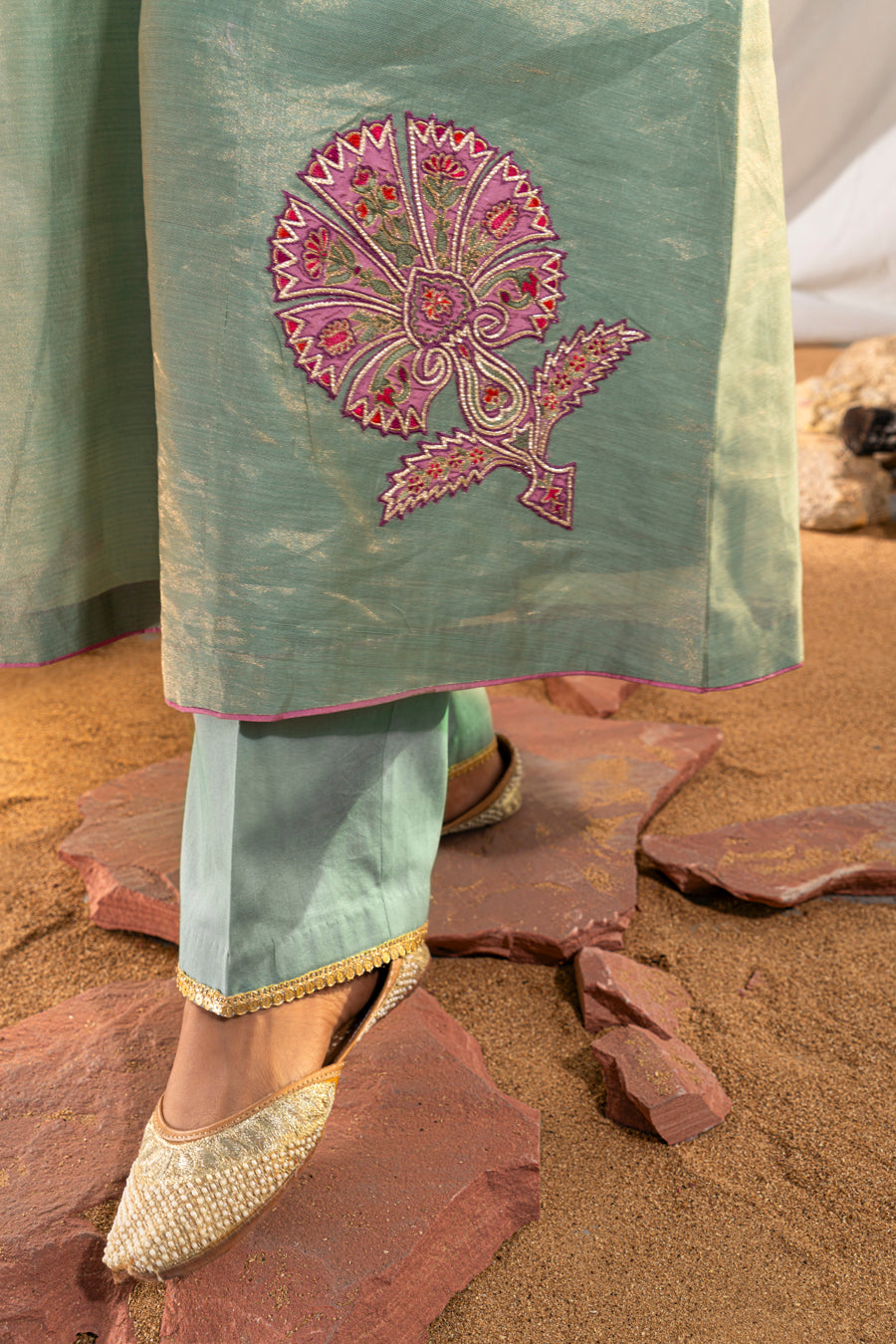 Green Handloom Cotton Zari Tissue Embroidered Kurta Set