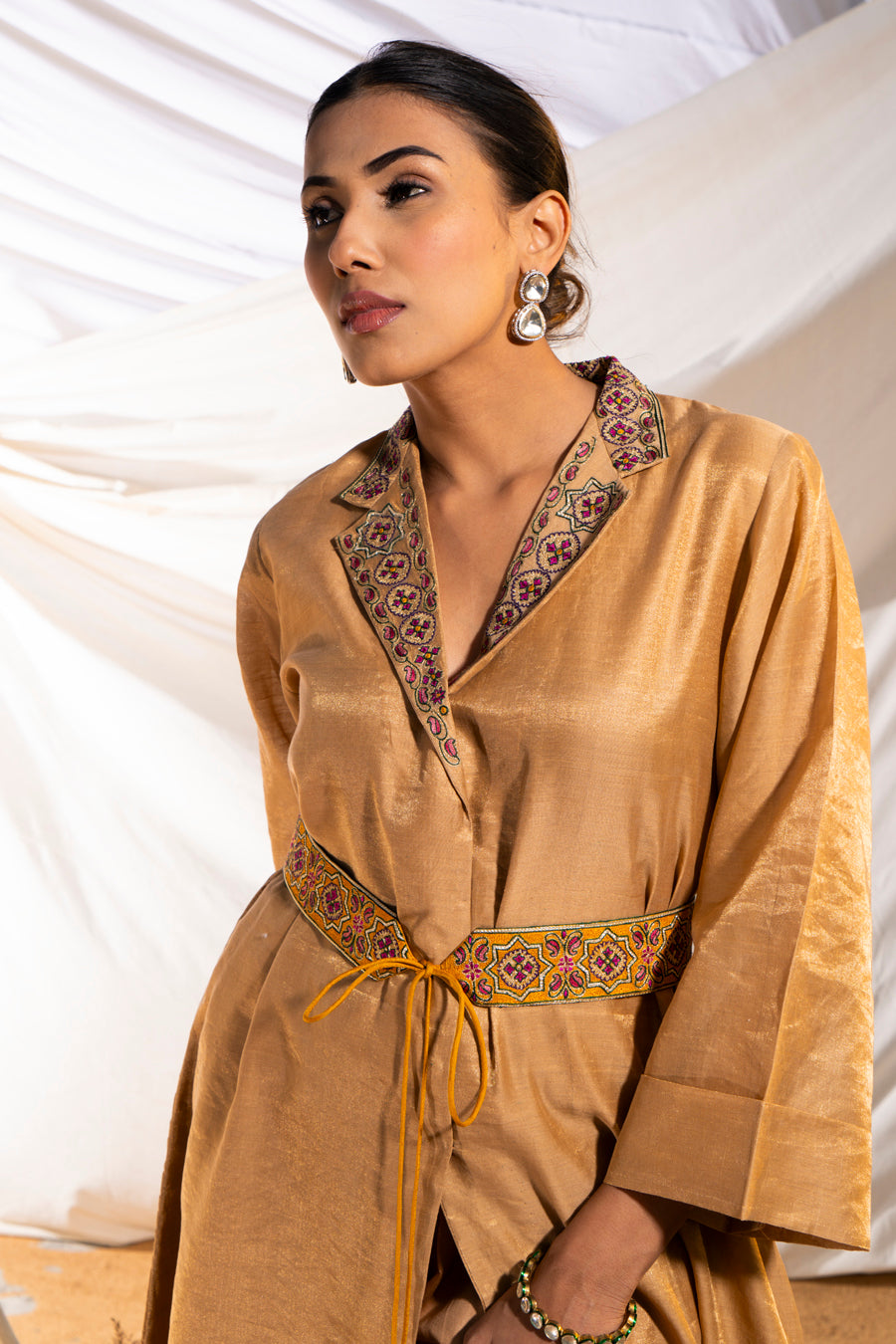 Beige Handloom Cotton Zari Tissue  Kurta Set with Embroidered Belt