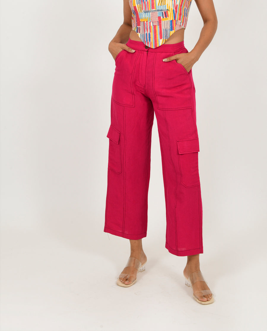 Viva Magenta Linen Cargo Pants