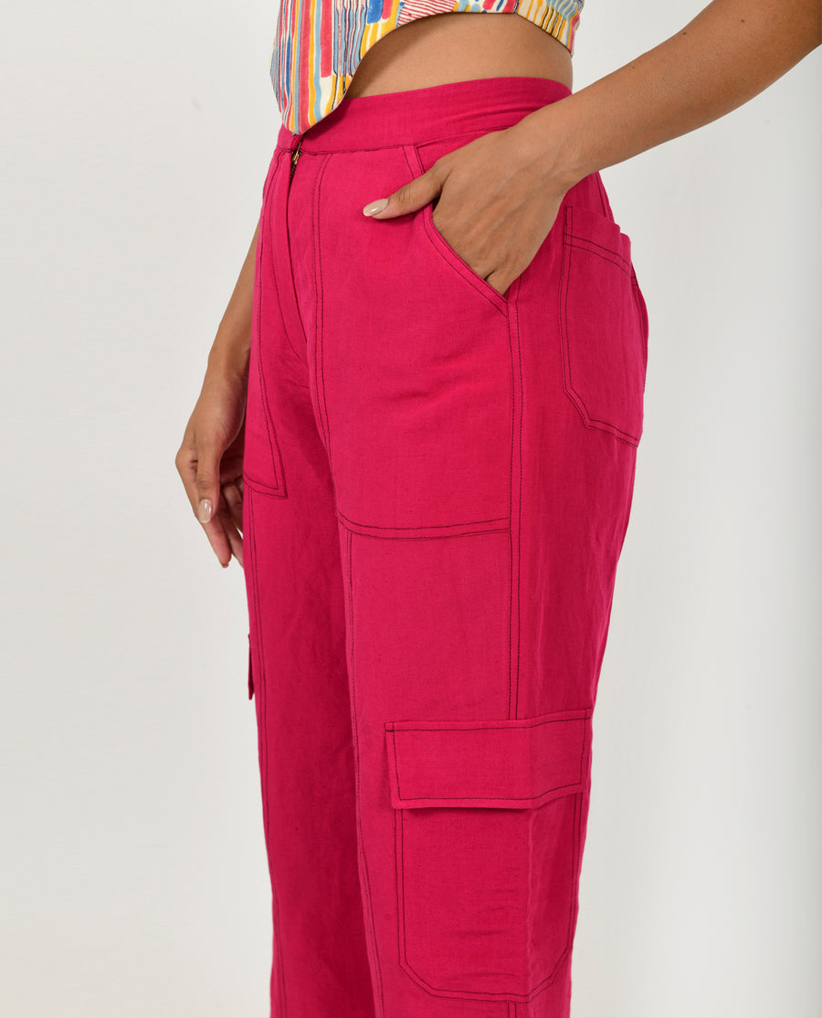 Viva Magenta Linen Cargo Pants