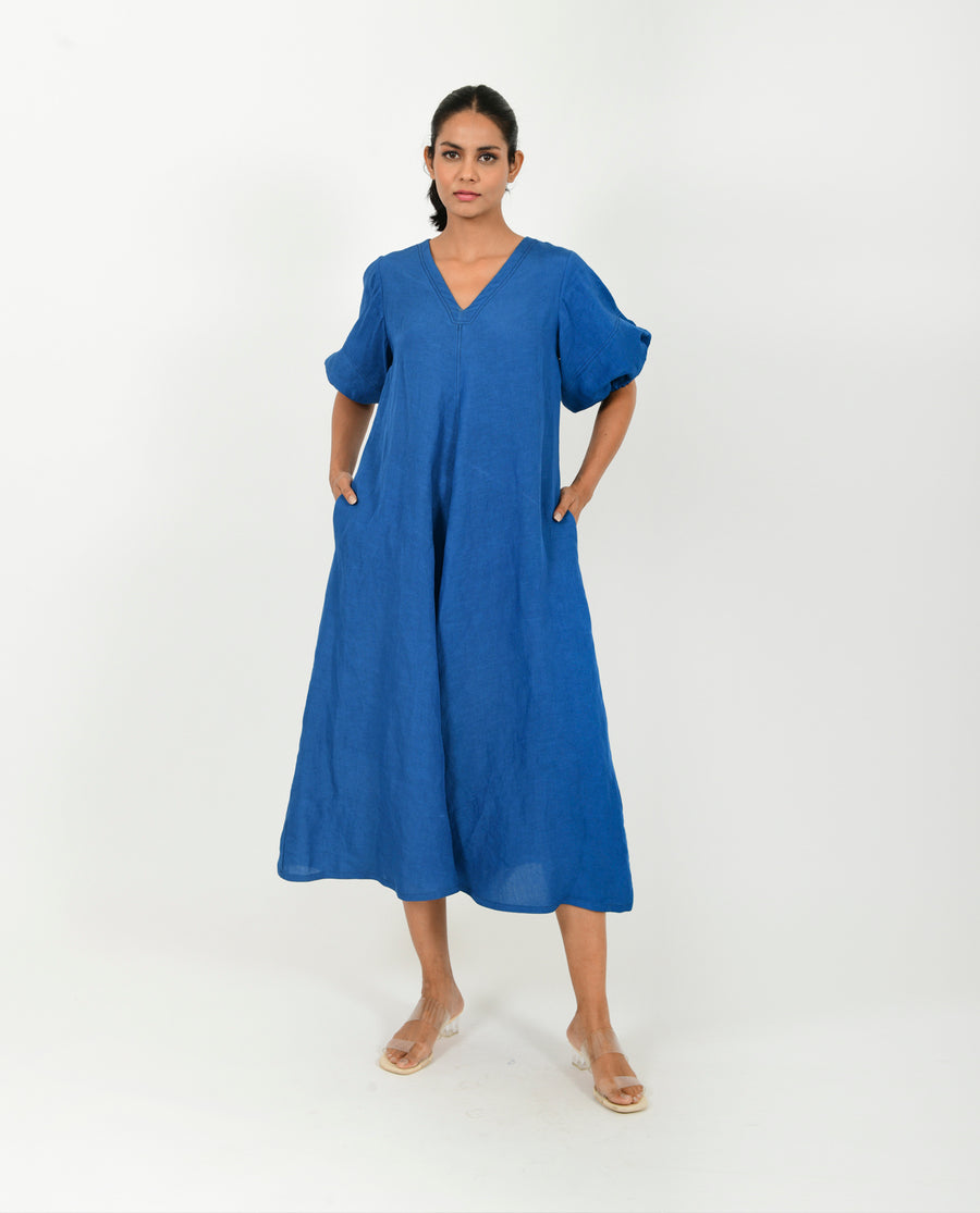 Classic Blue Cotton Dress With Puffed Sleeves