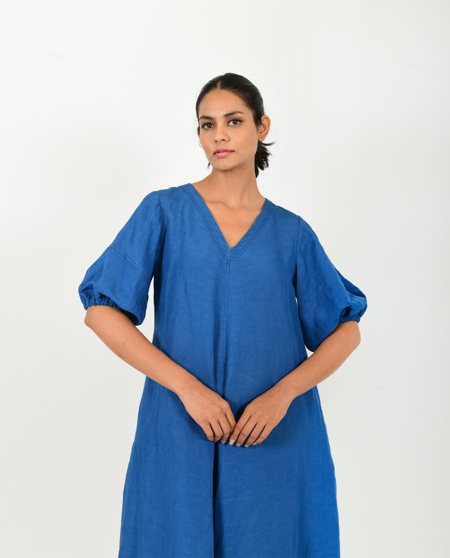 Classic Blue Cotton Dress With Puffed Sleeves