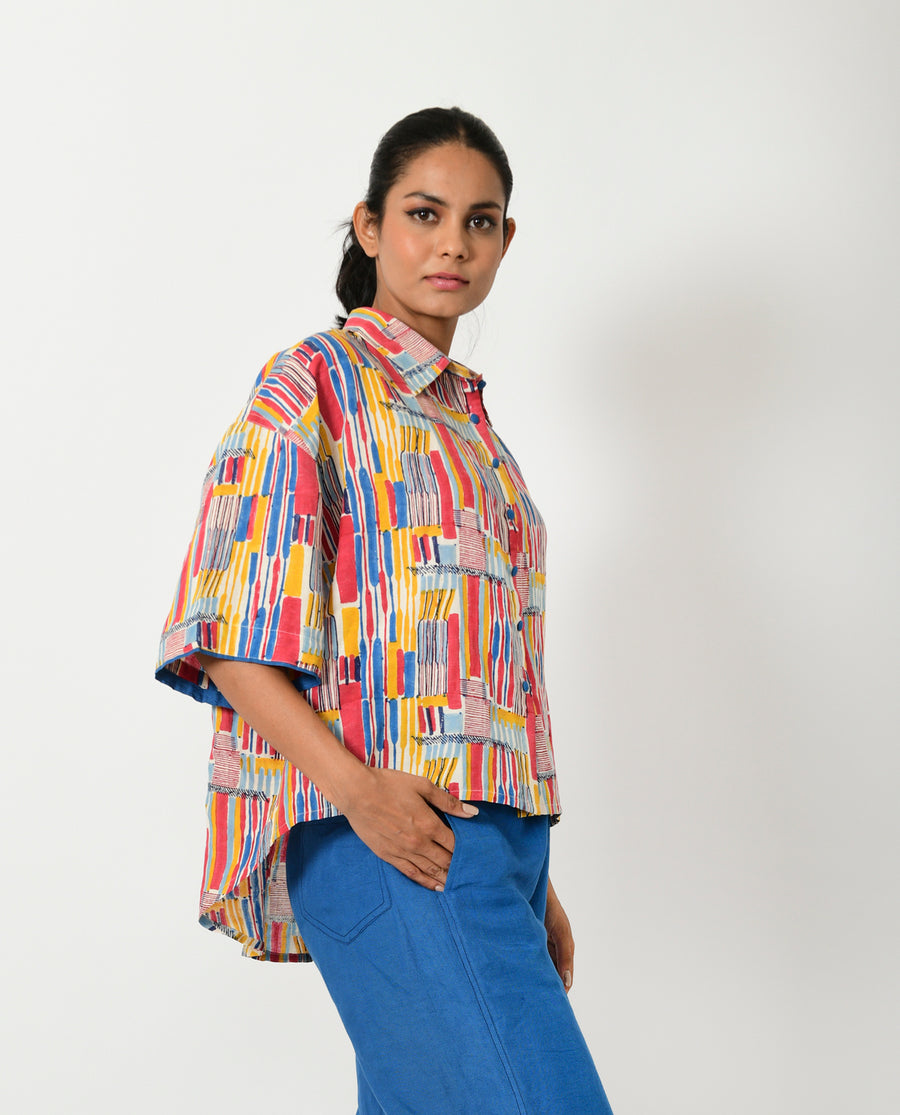 Scribble Hand Block Linen Crop Shirt