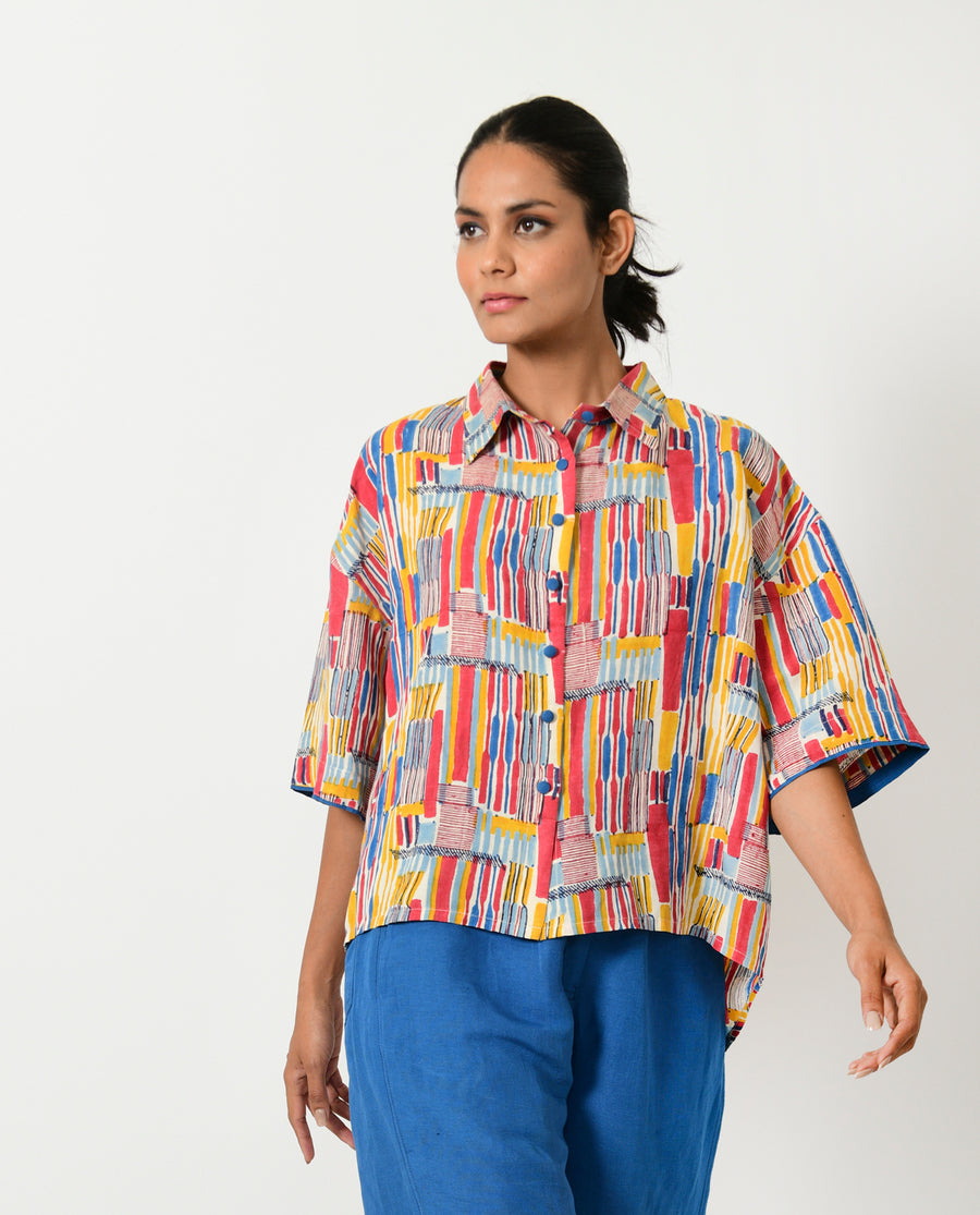 Scribble Hand Block Linen Crop Shirt