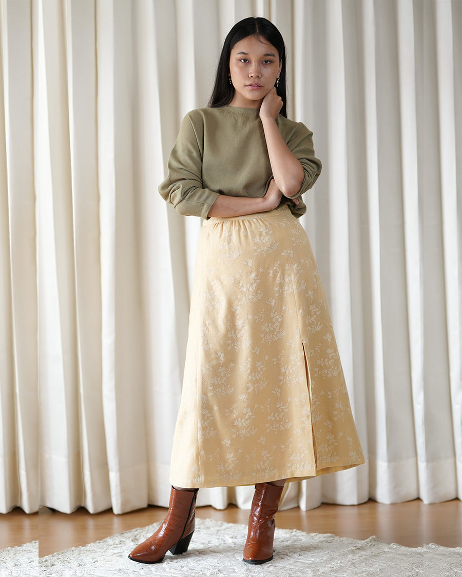 Printed Yellow Skirt with Thigh Slits