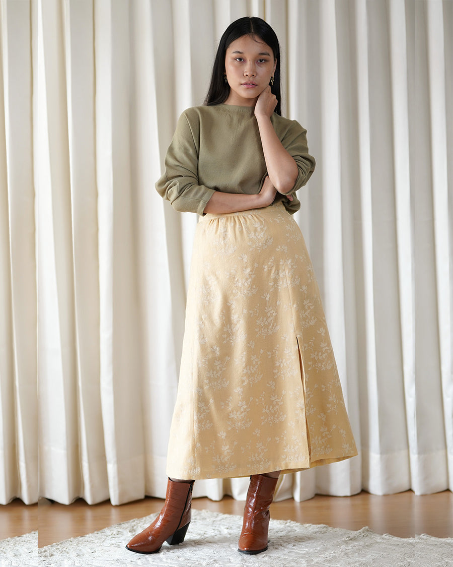 Printed Yellow Skirt with Thigh Slits